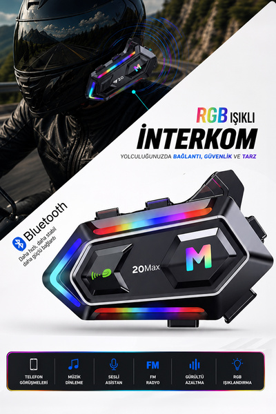 mimtec RGB Işıklı Bluetooth 5.3 Interkom - Su Geçirmez Müzik Çalar Motosiklet...