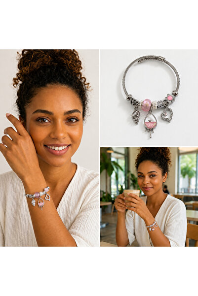 FM 💎   Premium Silver Color 316L Steel Handcuff Bracelet with Pink Flower an...