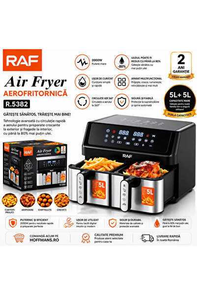 RAF Φριτέζα Αέρος Διπλής Ζώνης 9L, 2800W, 2 Ανεξάρτητα Καλάθια 4.5L + 4.5L, Ψ...