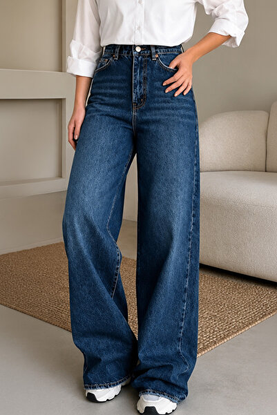 GRİİ WEAR Navy Blue Wide Leg Jean Trousers