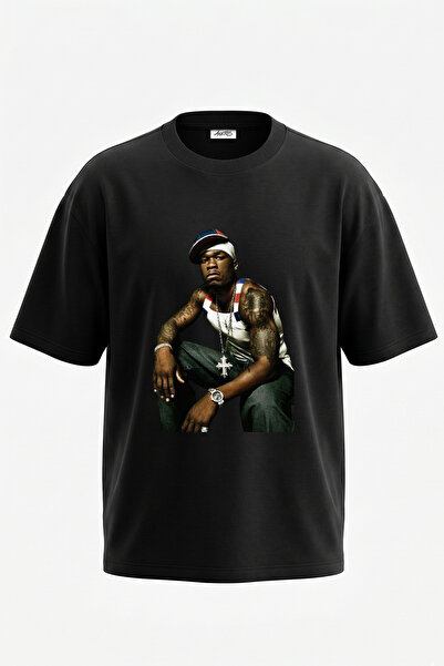 Anetos تيشيرت أسود كبير الحجم مطبوع بتصميم 50 Cent_14 للجنسين