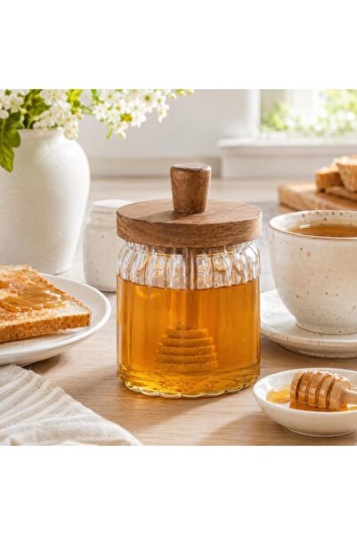 Yıldızan Msa Shop 450 ml Acacia Lid Glass Honey Jar with Spoon Storage Contai...