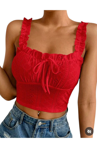 OEM Maiou dama, rosu, casual, cu snur, scurt, S