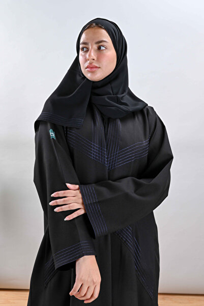Lavin Crepe Abaya with Pockets and Navy Embroidery