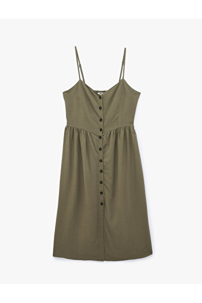 Koton Linen Blend Strap Buttoned Midi Dress