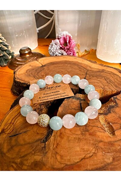 parze doğaltaş Aquamarine and Pink Quartz Natural Stone Design Bracelet
