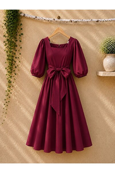 KÜÇÜĞÜM BUTİK Burgundy Big Bow Flared Square Neck Poplin Dress