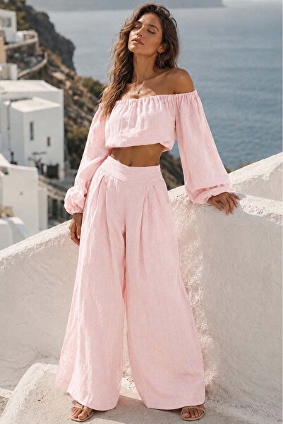 Madmext Pink Madonna Collar Blouse Wide Leg Pants Women's Set Mg2863