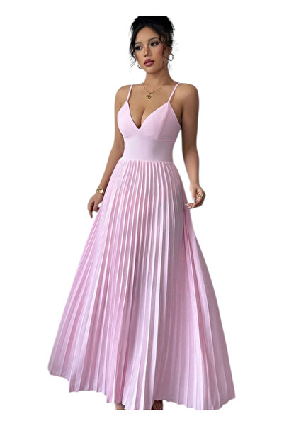 OEM Rochie lunga roz, plisata, cu bretelute subtiri, M