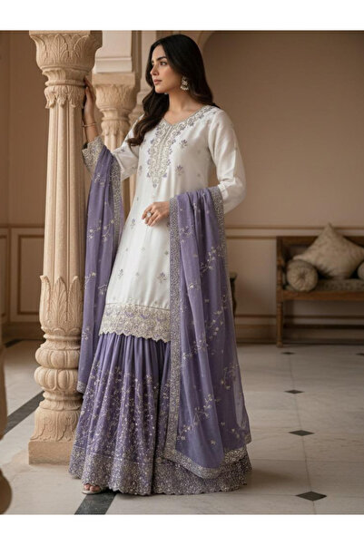 MYSMAR Purple Chinon Silk Embroidered Sharara Set - HRT7601 | Purple