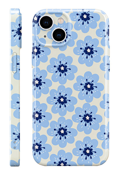WANNA PROTECT iPhone 14 Blue Bloom Protect Slim Parlak Tam Kaplayan Baskı Kam...