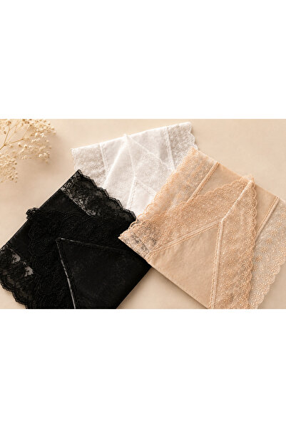 çeyizköşesi 3-Piece Velvet Lace Detailed Tablecloth Runner Cream Diameter Black
