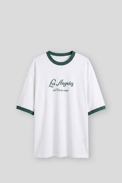 ablukaonline Men's Super Oversize La Printed Contrast Collar T-Shirt White