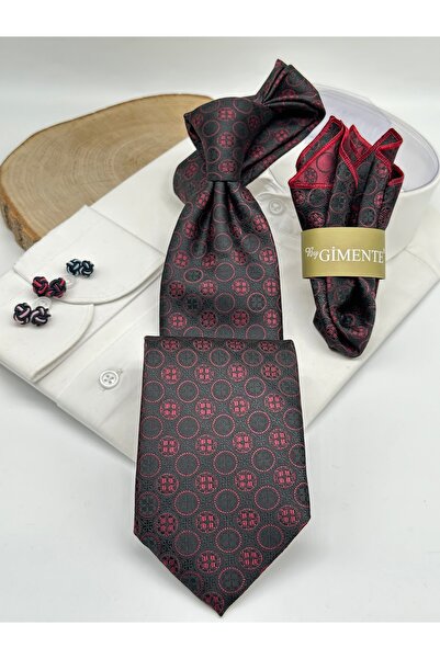 Gutiero Black Claret Red Patterned Classic Tie with Handkerchief