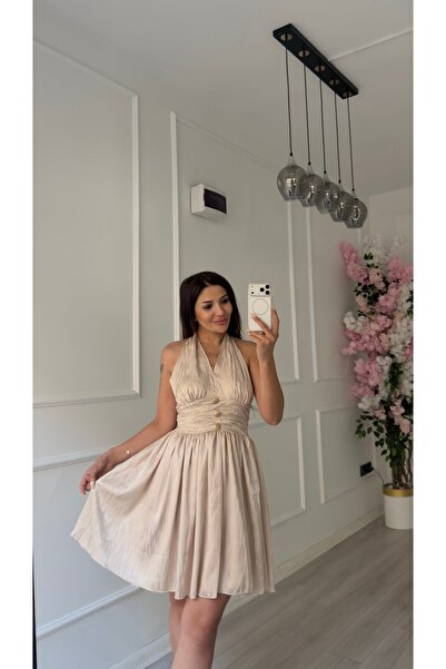 Daves Halter Neck Gold Buttoned Draped Dress