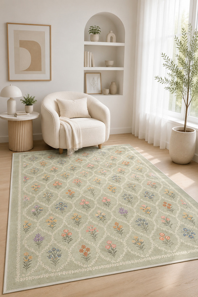 PINKIE HOME Dijital Kaymaz Yıkanabilir Renkli Çiçekli Salon Halısı Mutfak Hal...