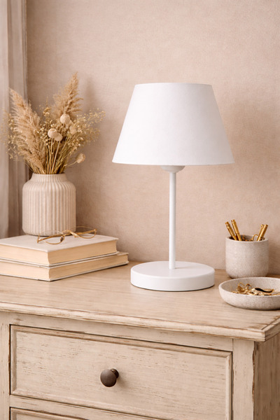 Eslight Abralight Modern Beyaz Ayak Masa Lambası Hasır Beyaz Kumaş Abajur C585