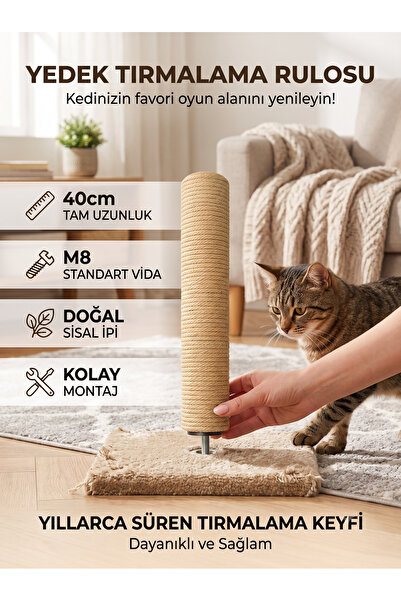 Patiderm Kedi Tırmalama 40 cm Yedek Rulo M8 Çapında Somun Vidalı Tırmalama Ru...