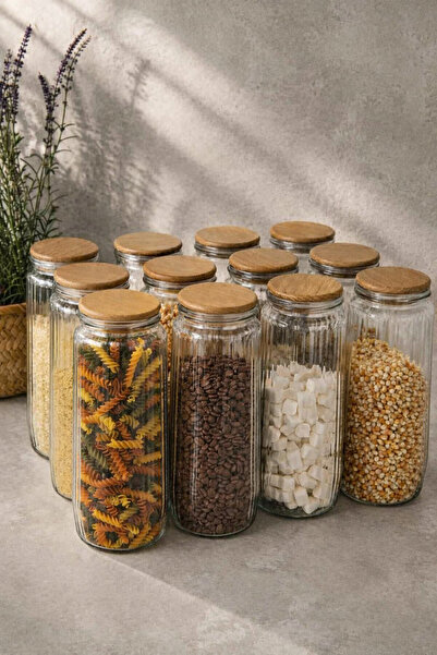 Mutfak Köşesi Set of 12 Glass Jars with Wooden Lids - Vacuum Sealed Food Stor...
