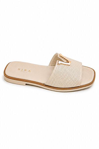 Sira Official Venera Beige Buckle Genuine Leather Slippers