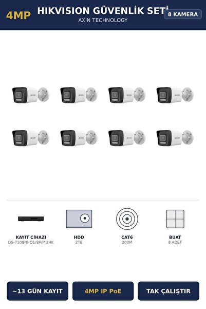 Hikvision 8 Kameralı 4MP Güvenlik Kamera Seti 4MP IP PoE 2TB ~13 Gün Kayıt Bu...