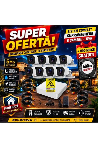 Hikvision Kit / Sistem Supraveghere Profesional 8 Camere Video 5MP Complet (C...