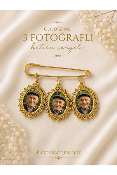 enyessaccessory Kişiye Özel 3 Fotoğraflı Hatıra Çengeli - Gold Anı Çengeli