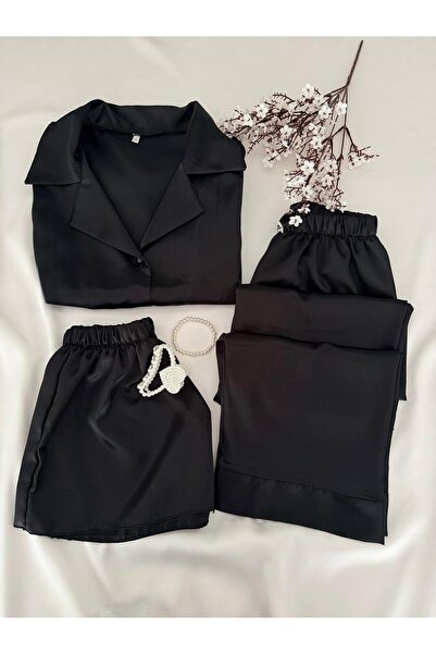 MH Moony Homewears 3-Piece Black Soft Satin Pajama Set