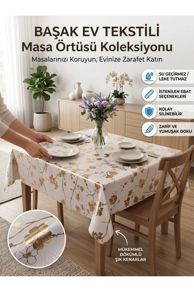 Başak Ev Tekstili Gold Shiny Pvc Tablecloth - Wipeable, Stain Resistant, Kitc...