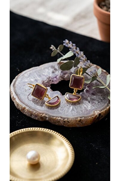 SR Jewelry Box Gold Geometrik Mor Taşlı Sallantılı Küpe – Kare ve Yarım Ay De...