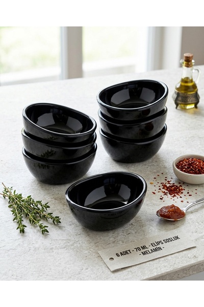 BİODATA Set of 6 Ellipse Melamine Sauce Bowls 70 ml - Black Mini Snack Bowl, ...