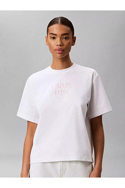 Calvin Klein Women's Relaxed Fit Round Neck Logo Printed Short Sleeve Cotton ...