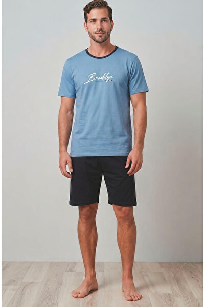 embody Men’s Short-Sleeved Cotton Pyjamas, Summer Set, light blue top and sho...