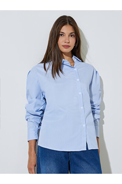 Styli Blue Striped Asymmetric Button Shirt