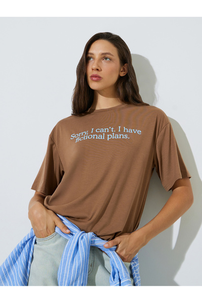 Styli Brown Oversized Slogan Print T-Shirt