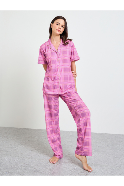 Styli Pink Check Short Sleeve Shirt and Placket Detail Pyjama Set