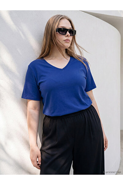 LC Waikiki Lcwaikiki Curve Blue Large Size V-Neck Women's T-Shirt