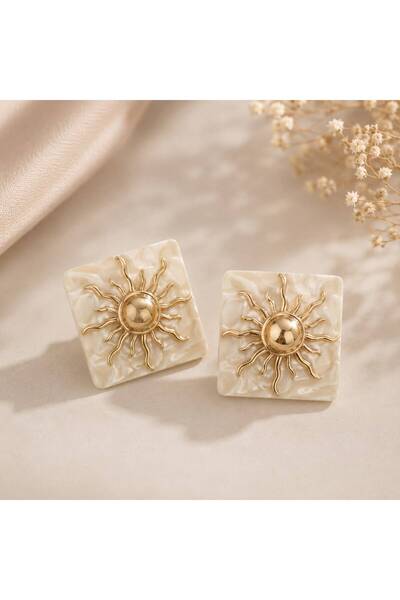So Much Accesories Cream Marble Patterned Square Sun Figured Gold Detailed Wo...