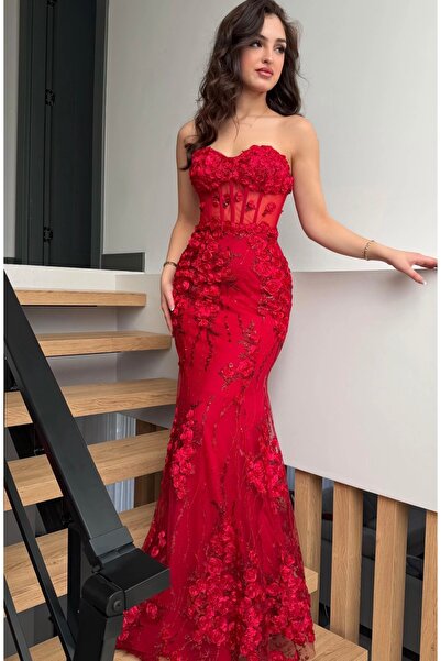 ayşenur Dinçer butik Rose Balık Abiye Kırmızı