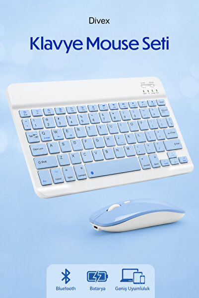Divex Ultra İnce Bluetooth Klavye Mouse Seti Tablet ve Telefon Uyumlu, Taşına...