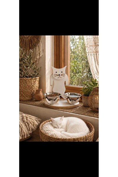 Asrimo mobilya Kedi Figürlü Ahşap Mama ve Su Kabı Standı – Dekoratif & Açık Kollu Beyaz