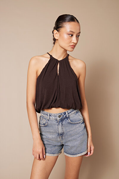 Nisan Halter Neck Balloon Crop Top with Window Detail Brown