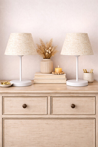 Abralight Modern 2li Beyaz Ayak Masa Lambası Bej Kırçıllı Kumaş Abajur Seti H214
