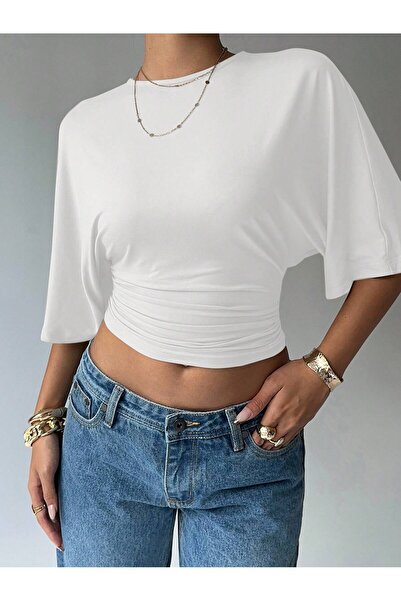 Maly Love Kadın Beyaz Yarasa Kol Crop Bluz Büzgülü Bel Detaylı Şık Basic Bluz