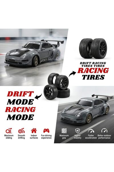 DrKala Mașină RC Drift 4WD cu telecomandă, Scară 1:20, Tip Porsche 911 GTS, 20 km/h, 2.4GHz, 2 seturi de anvelope pentru drift și curse, Baterie reîncărcabilă, Obstacole incluse, Gri metalic