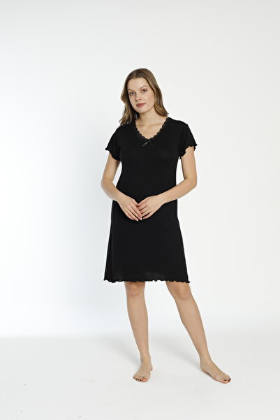 ERDENİZ TEKSTİL Women's Lace Detailed V-Neck Short Sleeve Combed Cotton Night...