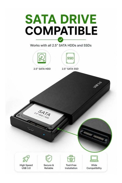 FUJISHKA External Case Adapter 2.5-Inch SATA HDD/SSD to USB 3.0 (Black) with Cable