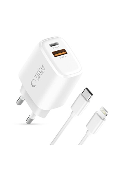 Tech-Protect Încărcător rapid NCA30 30W USB/USB-C cu cablu Lightning, Alb