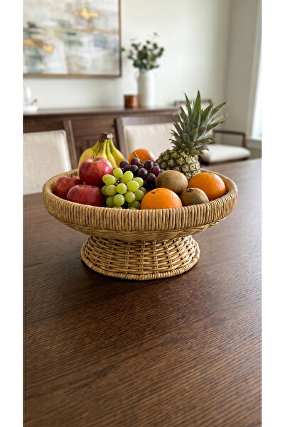 Kitchen Life El Yapımı Rattan Hasır Meyve Sepeti – Yuvarlak Bohem Sunumluk, E...