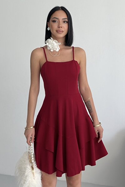 ALFUDO Moda Collection Thin Strap Skirt with Fold Detail Burgundy Evening Dre...